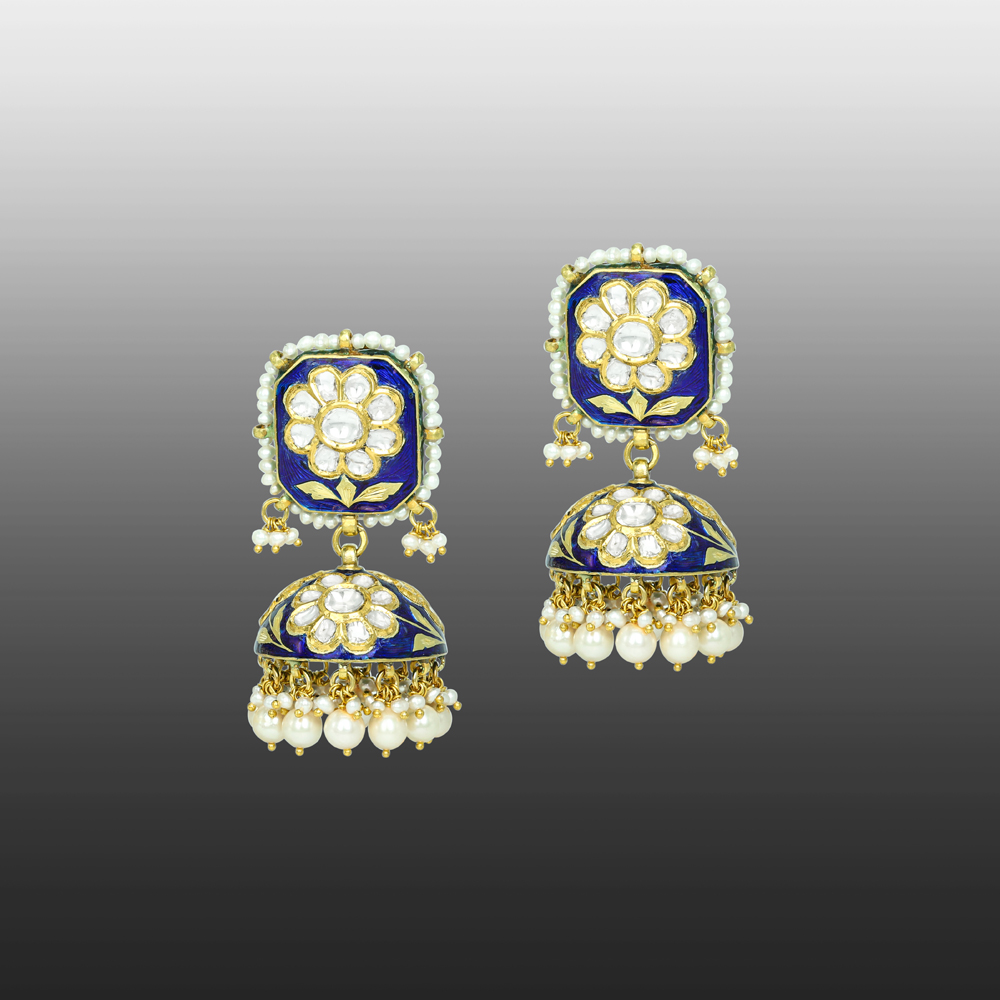 Blue Meena Polki Floral Jhumkas with Pearls
